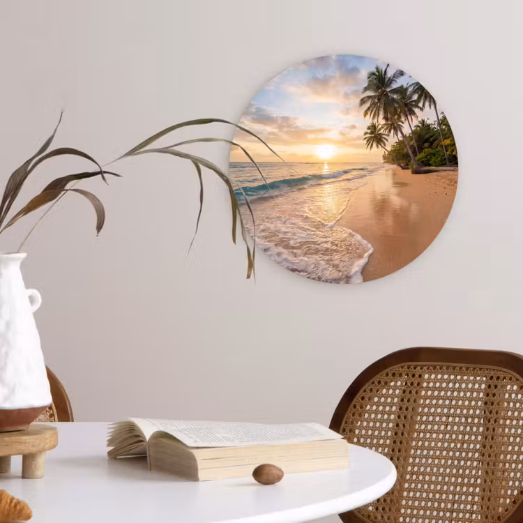 Strand - Zonsondergang - Tropisch - Natuur - Goud Wandcirkel kunststof plaat 5mm dik klein -sfeer4