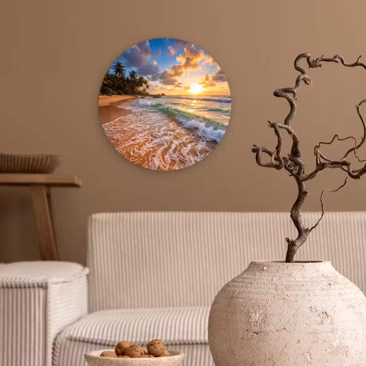 Strand - Zonsondergang - Golven - Natuur - Goud Wandcirkel kunststof plaat 5mm dik klein -sfeer1