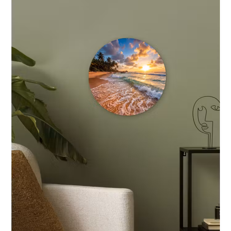 Strand - Zonsondergang - Golven - Natuur - Goud Wandcirkel kunststof plaat 5mm dik klein -sfeer3