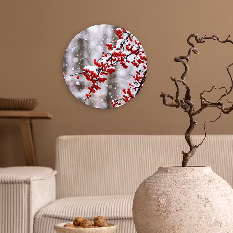 Bessen - Takken - Sneeuw - Winter - Kleurrijk Wandcirkel kunststof plaat 5mm dik klein -sfeer1