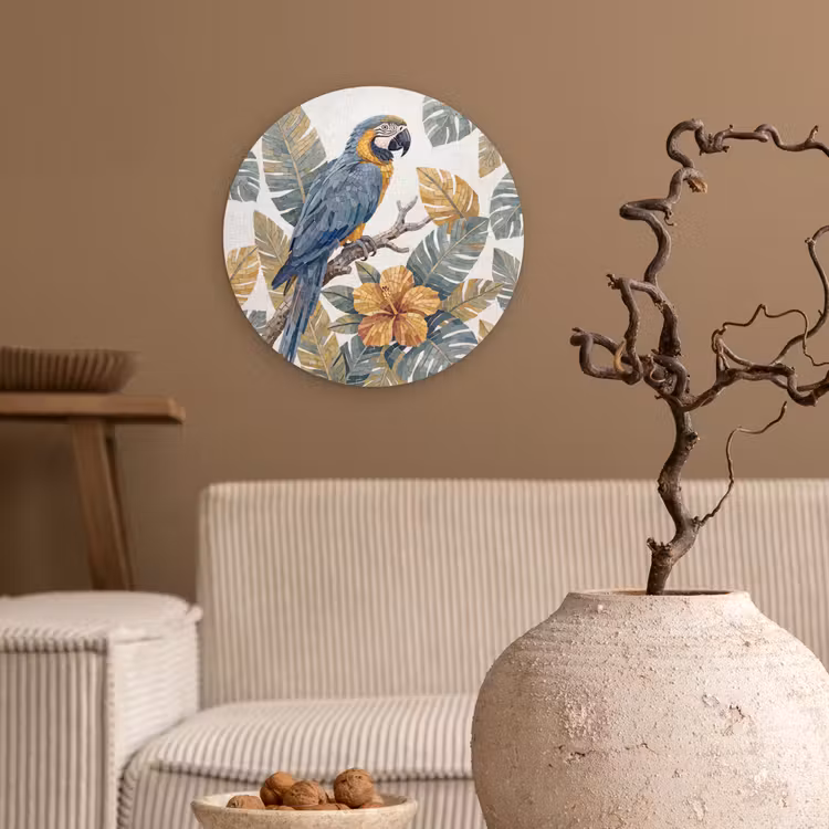 Vogel - Tak - Natuur - Mozaïek - Blauw Wandcirkel kunststof plaat 5mm dik klein -sfeer1