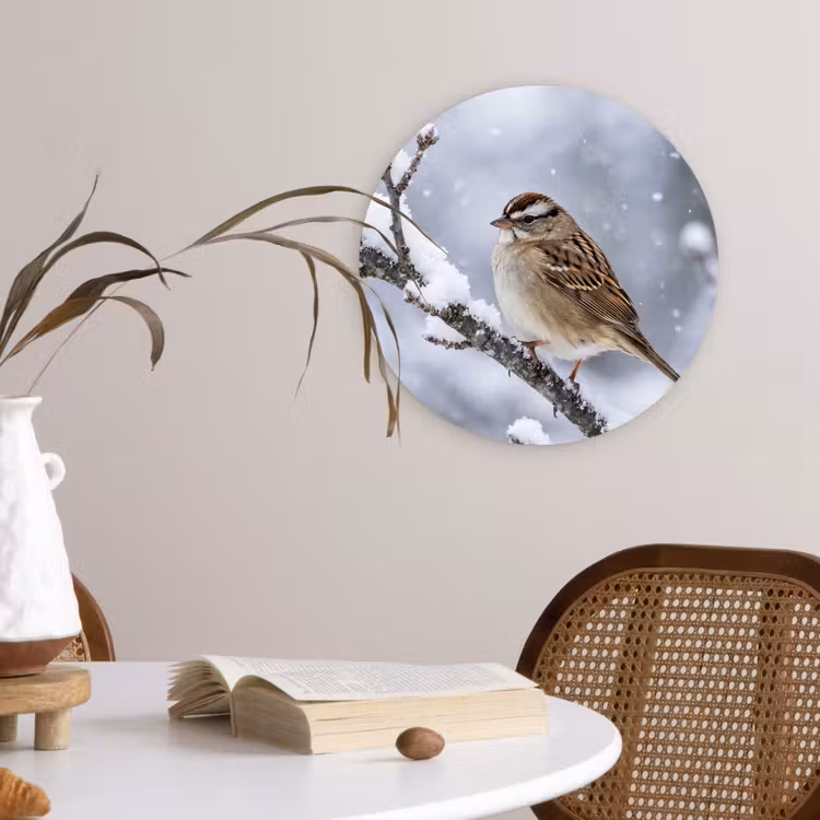 Vogel - Tak - Sneeuw - Winter Wandcirkel kunststof plaat 5mm dik klein -sfeer4