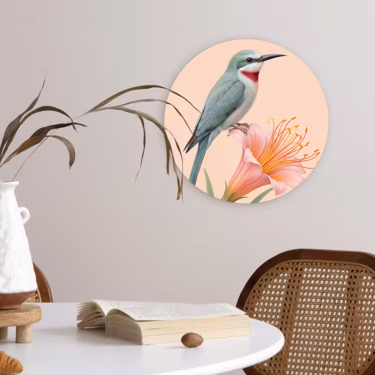 Vogel - Bloem - Natuur - Roze Wandcirkel kunststof plaat 5mm dik klein -sfeer4