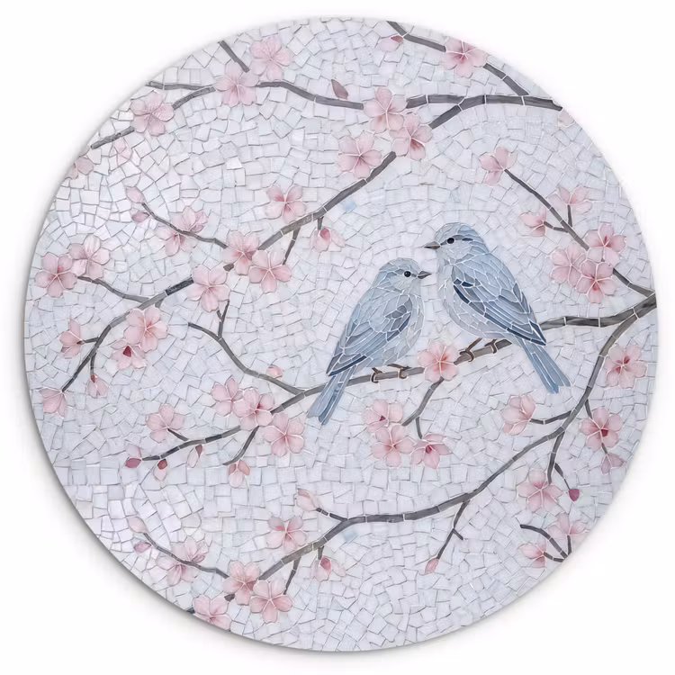 Vogel - Bloemen - Natuur - Mozaïek - Roze Wandcirkel kunststof plaat 5mm dik klein -3d