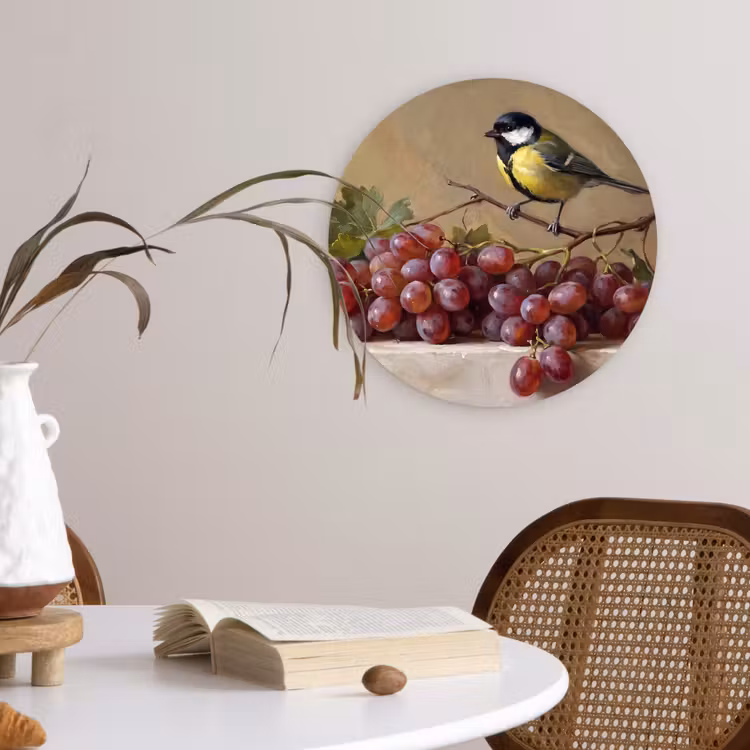 round wall art - Bird - Grapes - Still Life - Vogel - Druiven - Stilleven Wandcirkel kunststof plaat 5mm dik klein