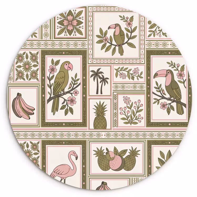 Vogel - Tropisch - Patroon - Decoratief - Groen Wandcirkel kunststof plaat 5mm dik klein -3d