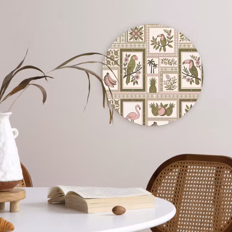 Vogel - Tropisch - Patroon - Decoratief - Groen Wandcirkel kunststof plaat 5mm dik klein -sfeer4