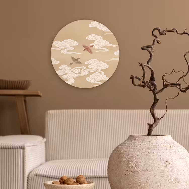 Vogels - Vliegen - Beige Wandcirkel kunststof plaat 5mm dik klein -sfeer1