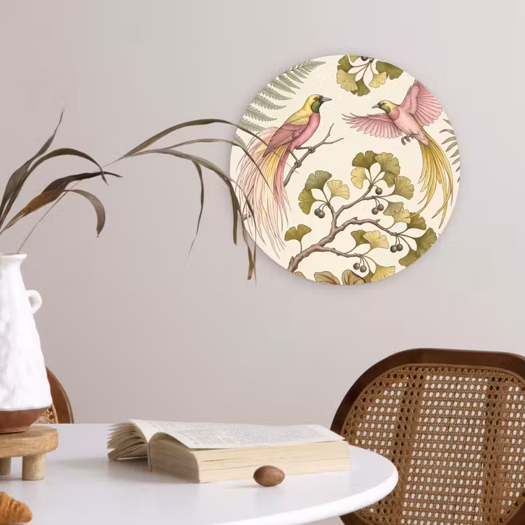 Vogels - Tropisch - Botanisch - Roze Wandcirkel kunststof plaat 5mm dik klein -sfeer4