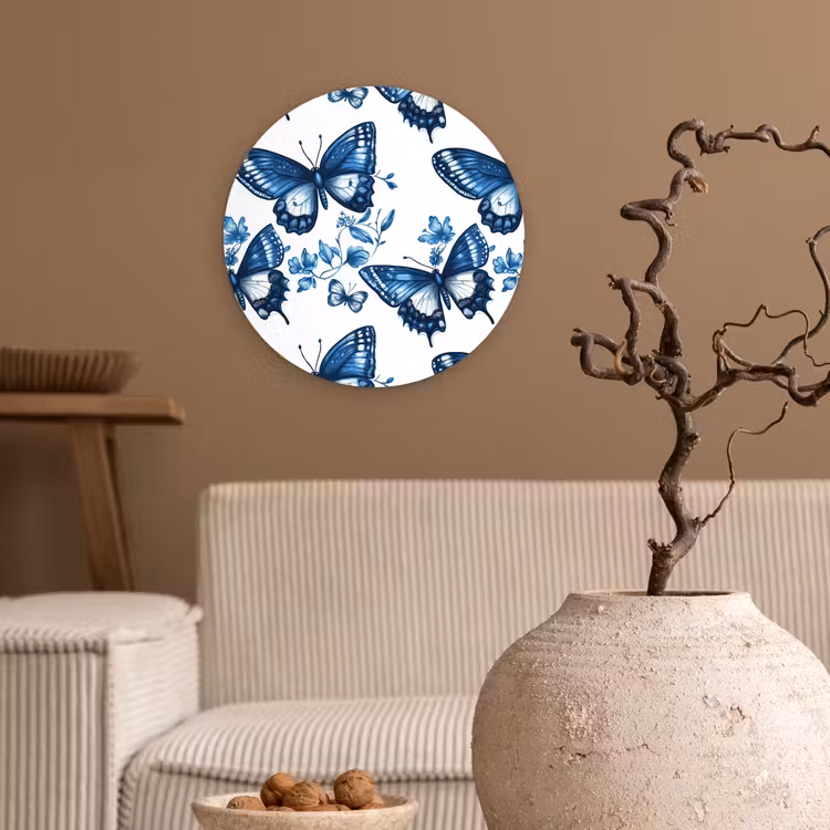 Blauw - Vlinders - Bloemen - Wit Wandcirkel kunststof plaat 5mm dik klein 188 -sfeer1