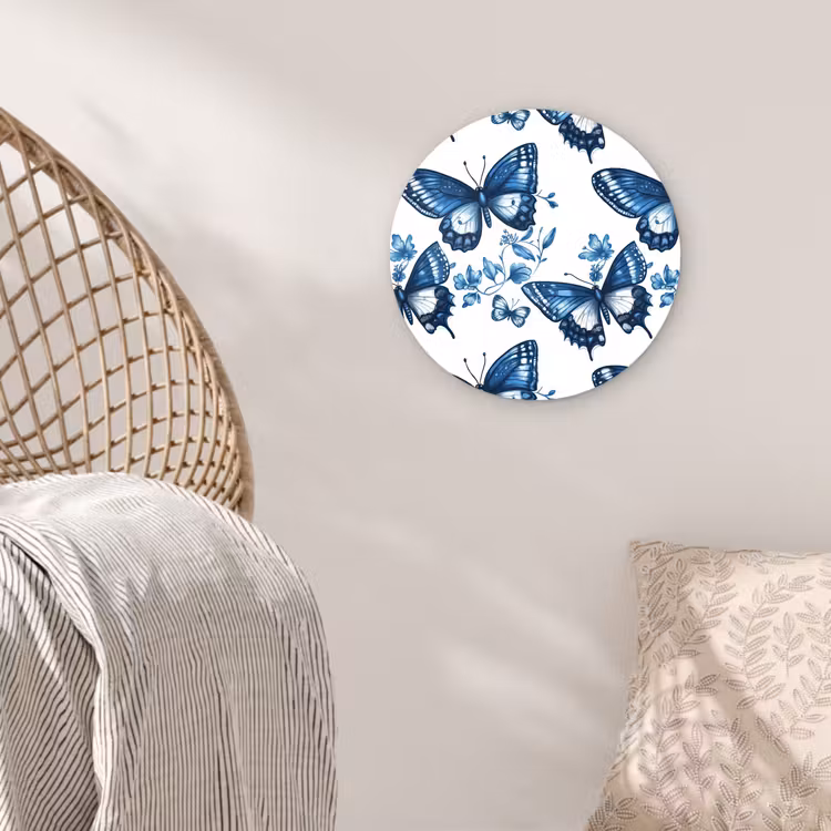 Blauw - Vlinders - Bloemen - Wit Wandcirkel kunststof plaat 5mm dik klein 188 -sfeer5