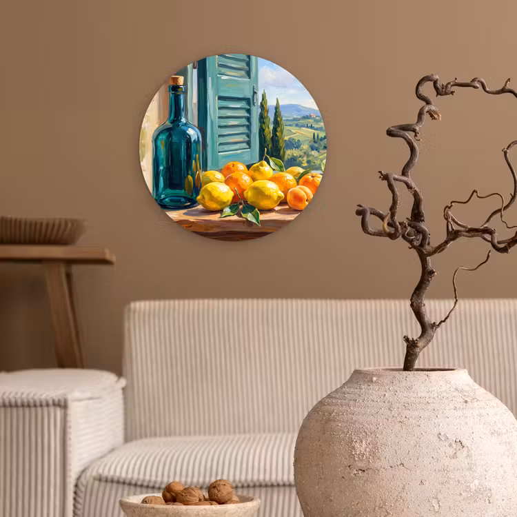 round wall art - Bottle - Fruit - Still Life - Fles - Fruit - Stilleven Wandcirkel kunststof plaat 5mm dik klein
