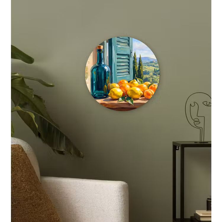 round wall art - Bottle - Fruit - Still Life - Fles - Fruit - Stilleven Wandcirkel kunststof plaat 5mm dik klein