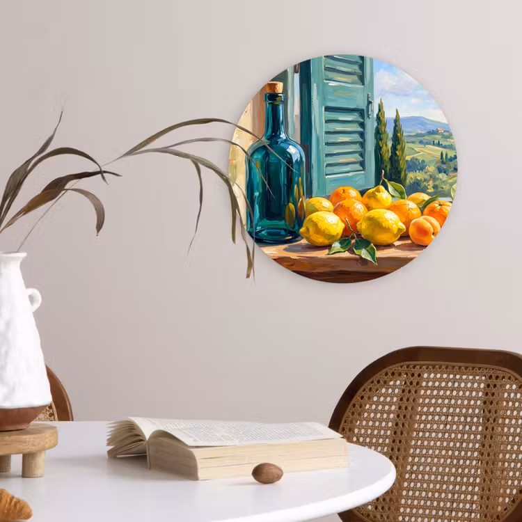 round wall art - Bottle - Fruit - Still Life - Fles - Fruit - Stilleven Wandcirkel kunststof plaat 5mm dik klein
