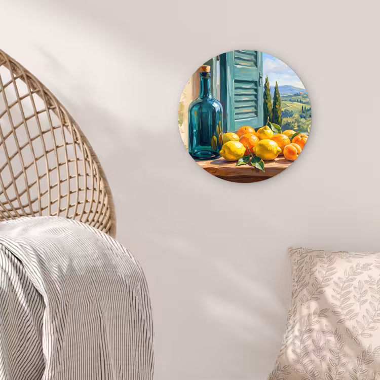 round wall art - Bottle - Fruit - Still Life - Fles - Fruit - Stilleven Wandcirkel kunststof plaat 5mm dik klein