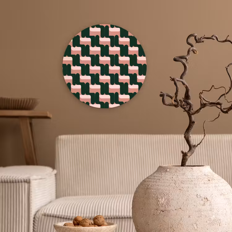 Vlechtpatroon - Groen - Roze - Geometrisch Wandcirkel kunststof plaat 5mm dik klein 188 -sfeer1