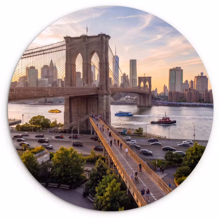Brug - Rivier - Stad - Zonsondergang - Architectuur Wandcirkel kunststof plaat 5mm dik klein -3d