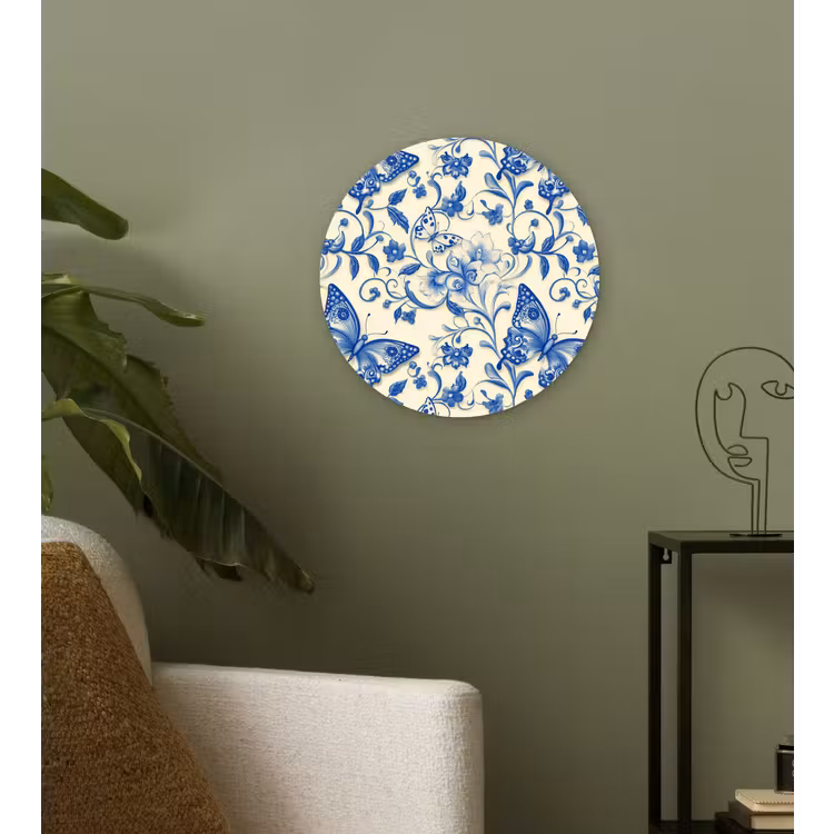 Vlinders - Bloemen - Blauw - Botanisch Wandcirkel kunststof plaat 5mm dik klein 188 -sfeer3