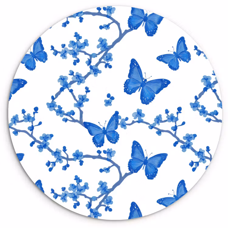 Vlinder - Bloemen - Blauw Wandcirkel kunststof plaat 5mm dik klein 188 -3d