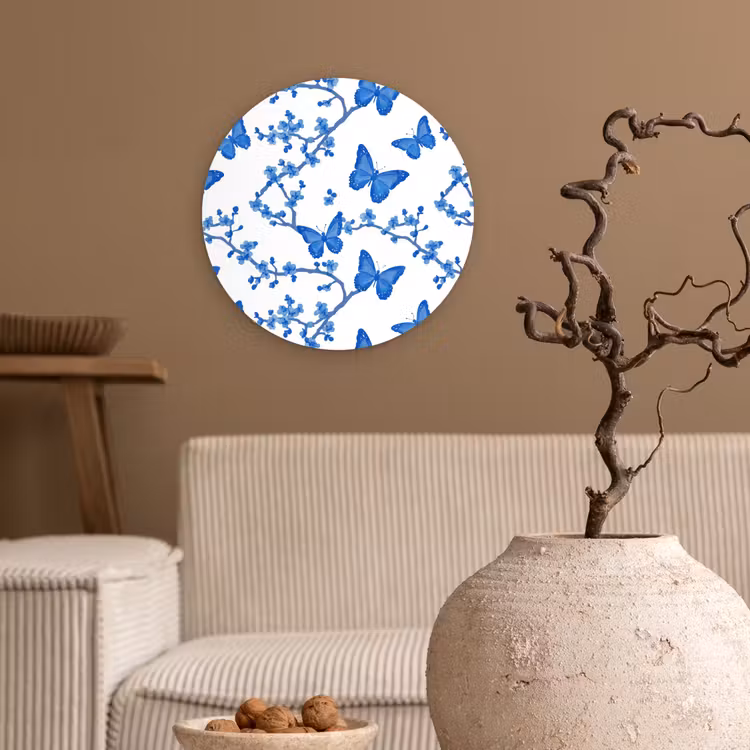 Vlinder - Bloemen - Blauw Wandcirkel kunststof plaat 5mm dik klein 188 -sfeer1
