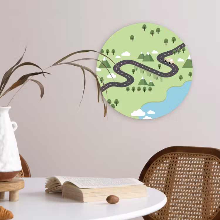 Auto - Bergweg - Natuur - Illustratie Wandcirkel kunststof plaat 5mm dik klein -sfeer4