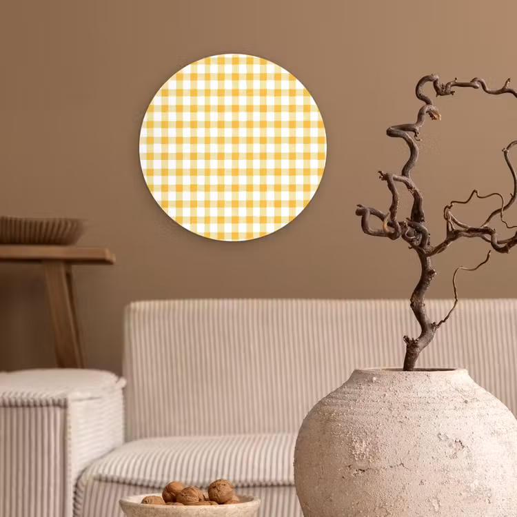 Ruit - Gingham - Klassiek - Geel en Wit Wandcirkel kunststof plaat 5mm dik klein 188 -sfeer1