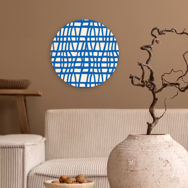 Ruitpatroon - Blauw - Crème Wandcirkel kunststof plaat 5mm dik klein 188 -sfeer1