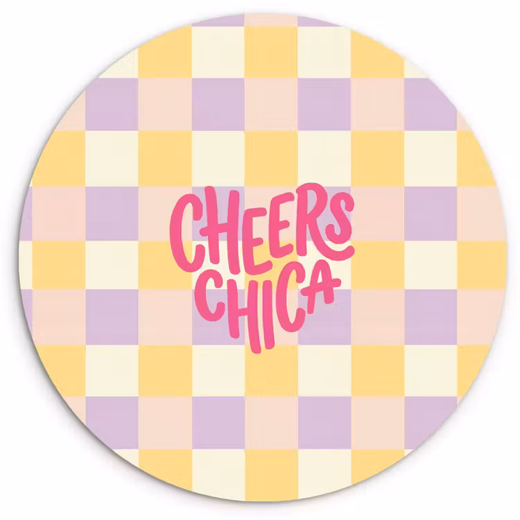 Cheers Chica - Ruitjes - Lila - Geel Wandcirkel kunststof plaat 5mm dik klein -3d