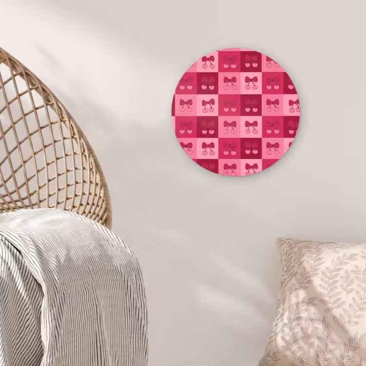 Kersen - Strikjes - Speels - Roze - Bordeaux Wandcirkel kunststof plaat 5mm dik klein 188 -sfeer5