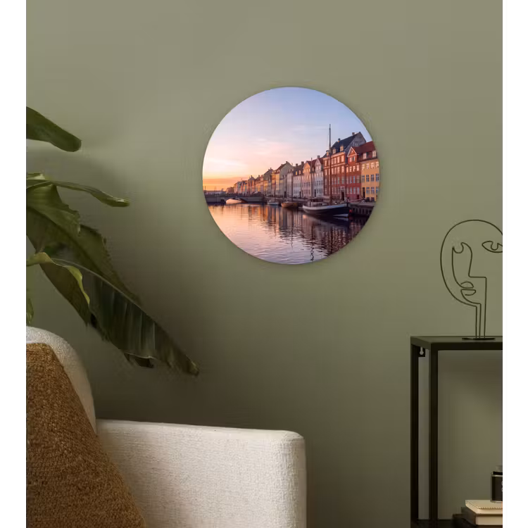 Stad - Gracht - Zonsondergang - Klassiek - Kleurrijk Wandcirkel kunststof plaat 5mm dik klein -sfeer3