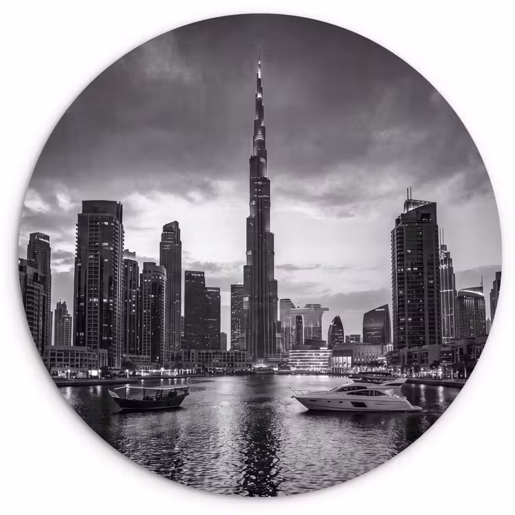 Stad - Skyline - Architectuur - Avond - Zwart-wit Wandcirkel kunststof plaat 5mm dik klein -3d