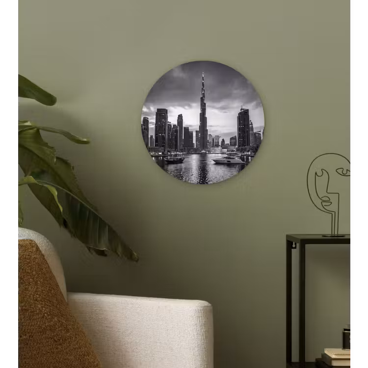Stad - Skyline - Architectuur - Avond - Zwart-wit Wandcirkel kunststof plaat 5mm dik klein -sfeer3