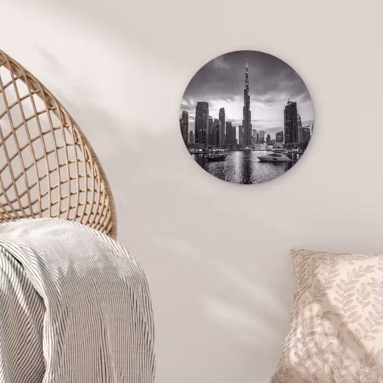 Stad - Skyline - Architectuur - Avond - Zwart-wit Wandcirkel kunststof plaat 5mm dik klein -sfeer5