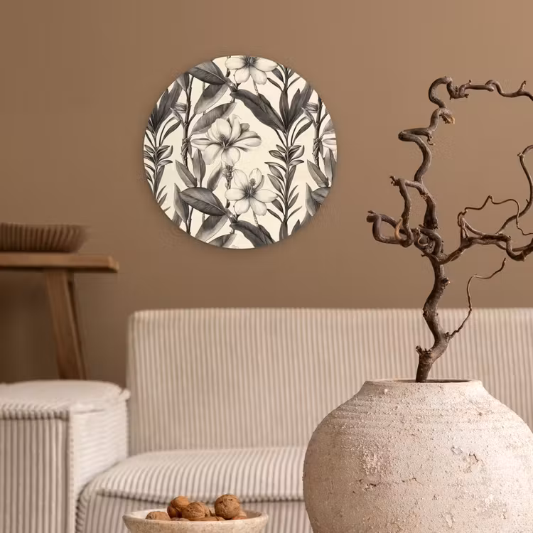 Klassiek - Botanisch - Zwart - Beige Wandcirkel kunststof plaat 5mm dik klein 188 -sfeer1