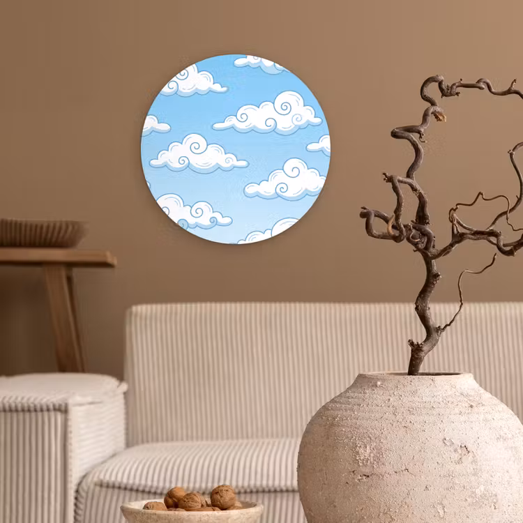 Wolk - Lucht - Cartoon - Blauw - Wit Wandcirkel kunststof plaat 5mm dik klein -sfeer1