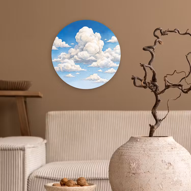 Wolken - Blauwe lucht - Natuur - Modern - Wit Wandcirkel kunststof plaat 5mm dik klein -sfeer1