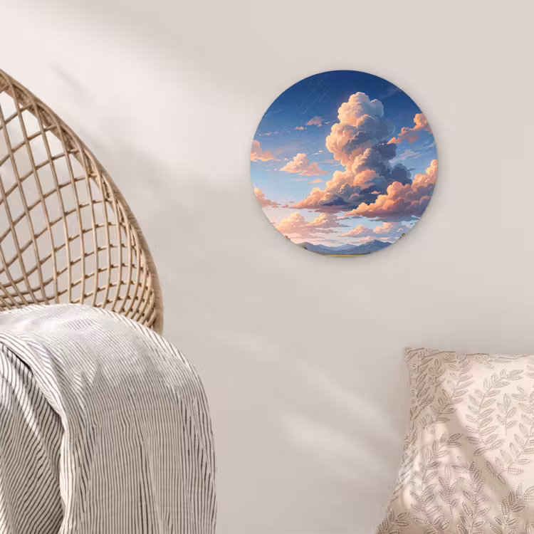 Wolken - Daghemel - Natuur - Illustratie - Oranje Wandcirkel kunststof plaat 5mm dik klein -sfeer5