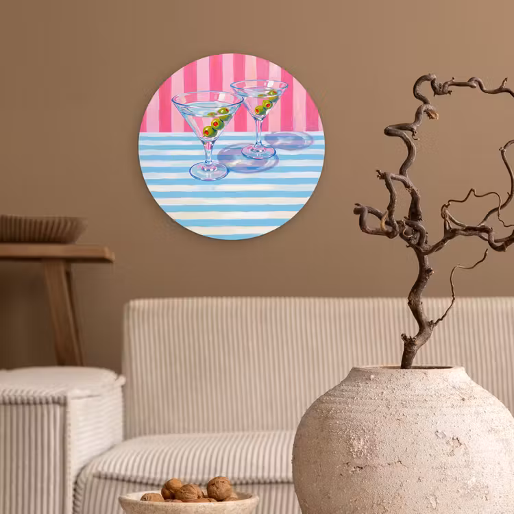 Cocktail - Olijven - Kunst - Modern - Roze Wandcirkel kunststof plaat 5mm dik klein -sfeer1