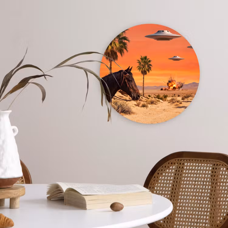 round wall art - Cowboy - Horse - Desert - Cowboy - Paard - Woestijn Wandcirkel kunststof plaat 5mm dik klein