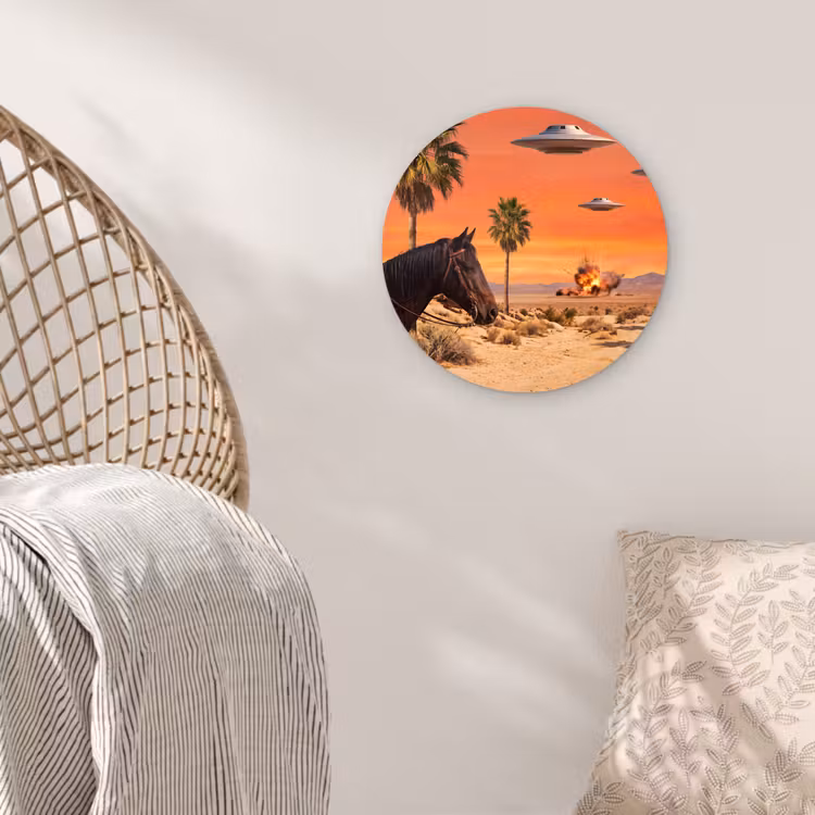 round wall art - Cowboy - Horse - Desert - Cowboy - Paard - Woestijn Wandcirkel kunststof plaat 5mm dik klein