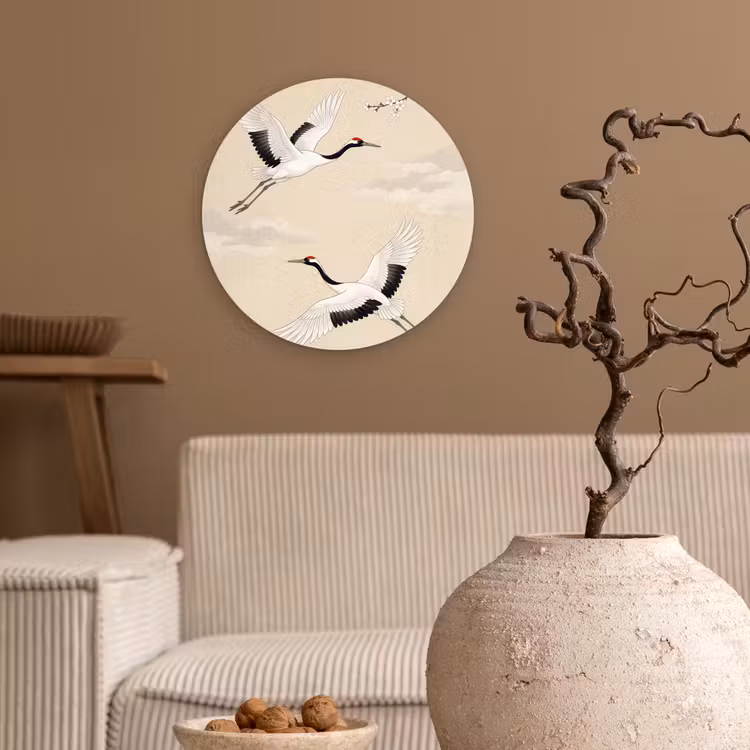 Kraanvogels - Bloesem - Beige Wandcirkel kunststof plaat 5mm dik klein -sfeer1