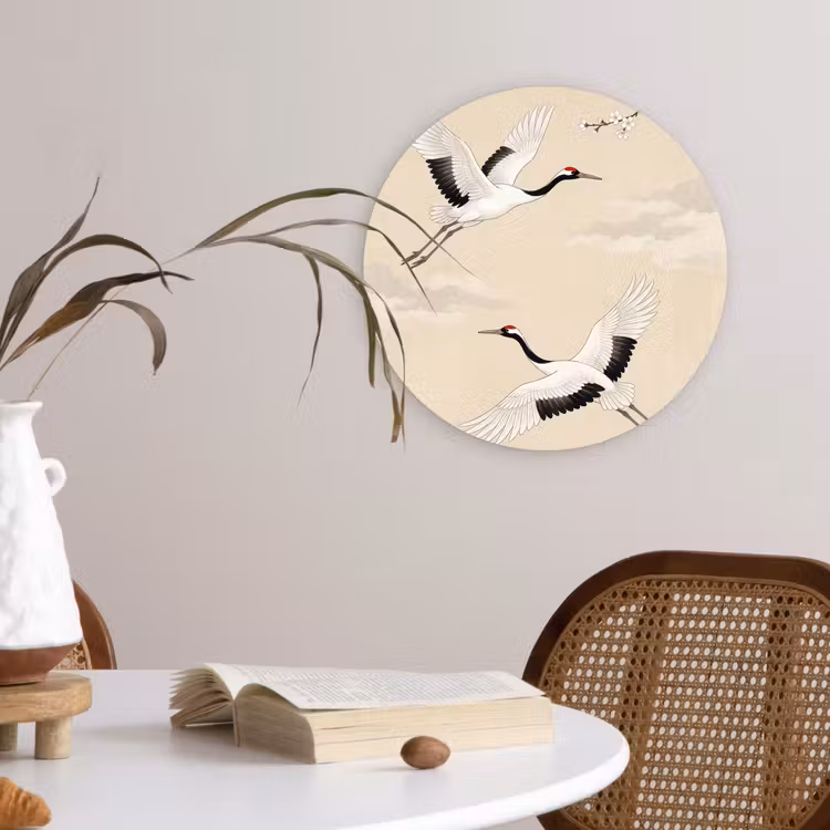 Kraanvogels - Bloesem - Beige Wandcirkel kunststof plaat 5mm dik klein -sfeer4