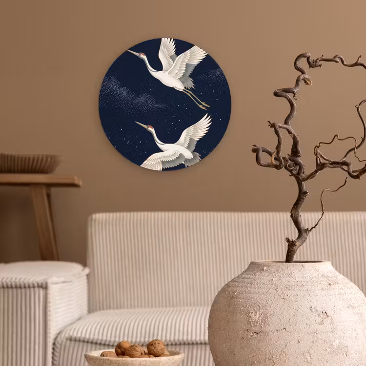 Kraanvogels - Nachthemel - Blauw Wandcirkel kunststof plaat 5mm dik klein -sfeer1
