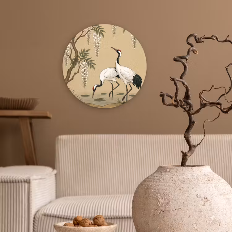 Kraanvogels - Water - Beige Wandcirkel kunststof plaat 5mm dik klein -sfeer1
