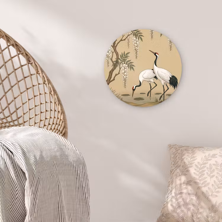 Kraanvogels - Water - Beige Wandcirkel kunststof plaat 5mm dik klein -sfeer5