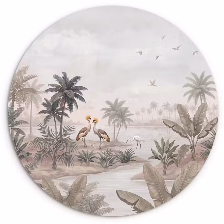 Kraanvogels - Palmbomen - Tropisch Wandcirkel kunststof plaat 5mm dik klein -3d
