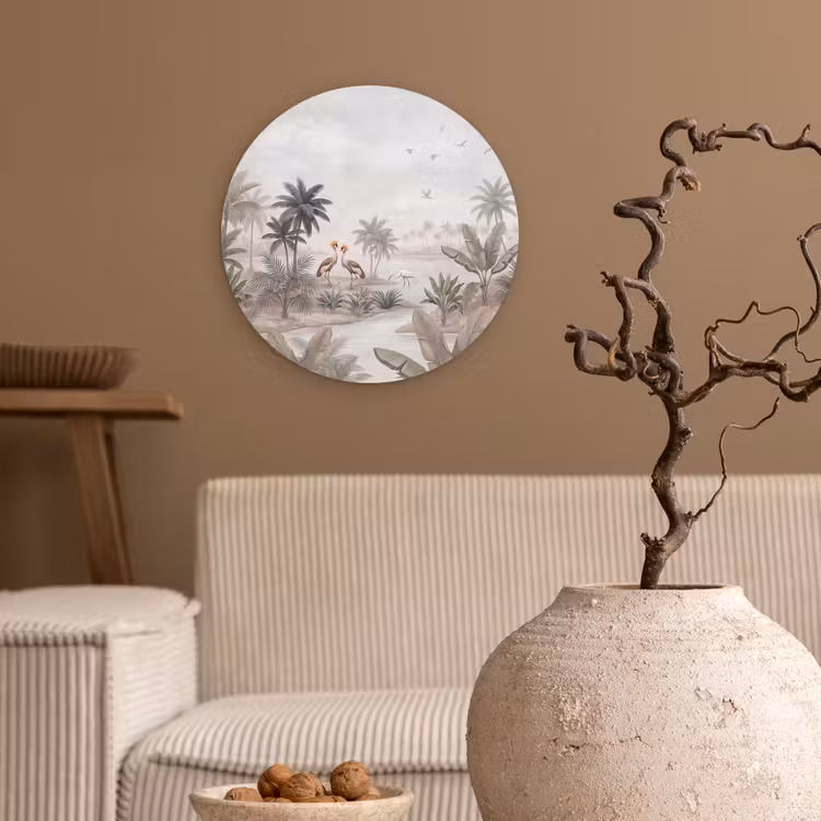 Kraanvogels - Palmbomen - Tropisch Wandcirkel kunststof plaat 5mm dik klein -sfeer1