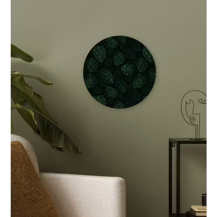 Donker - Groen - Hopbellen - Botanisch - Illustratie Wandcirkel kunststof plaat 5mm dik klein 188 -sfeer3