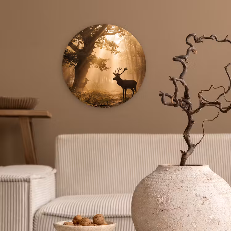 Hert - Bos - Mistig - Natuur - Goud Wandcirkel kunststof plaat 5mm dik klein -sfeer1
