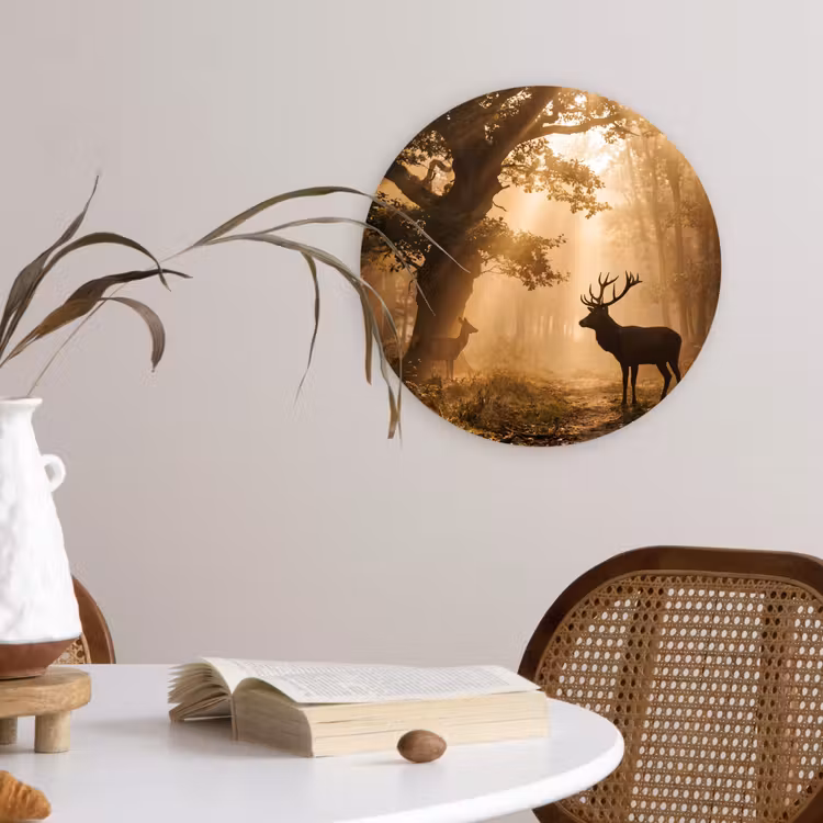 Hert - Bos - Mistig - Natuur - Goud Wandcirkel kunststof plaat 5mm dik klein -sfeer4